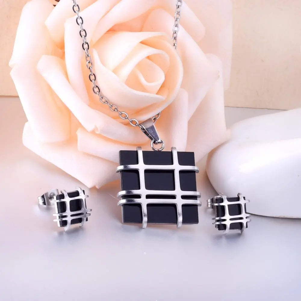 Jewelry Sets Stainless Steel Square Shape Pendant Necklace Earring For Women Chain Necklace Female Jewelry Collier asonjewelry