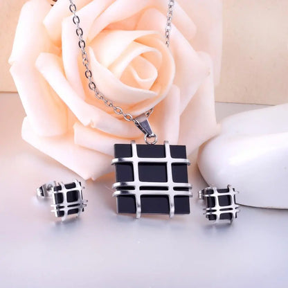 Jewelry Sets Stainless Steel Square Shape Pendant Necklace Earring For Women Chain Necklace Female Jewelry Collier asonjewelry