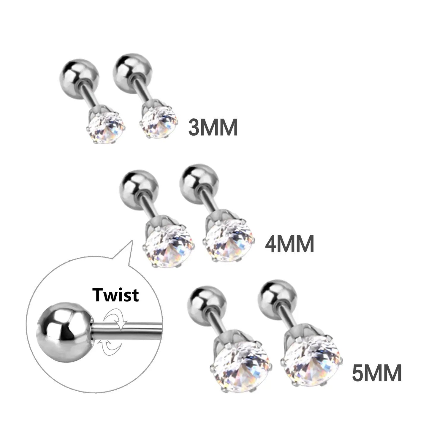3-5mm Ball screw stud earrings For Women Fashion Jewelry Kids Crystal piercing Earings Earring pendientes brincos asonjewelry