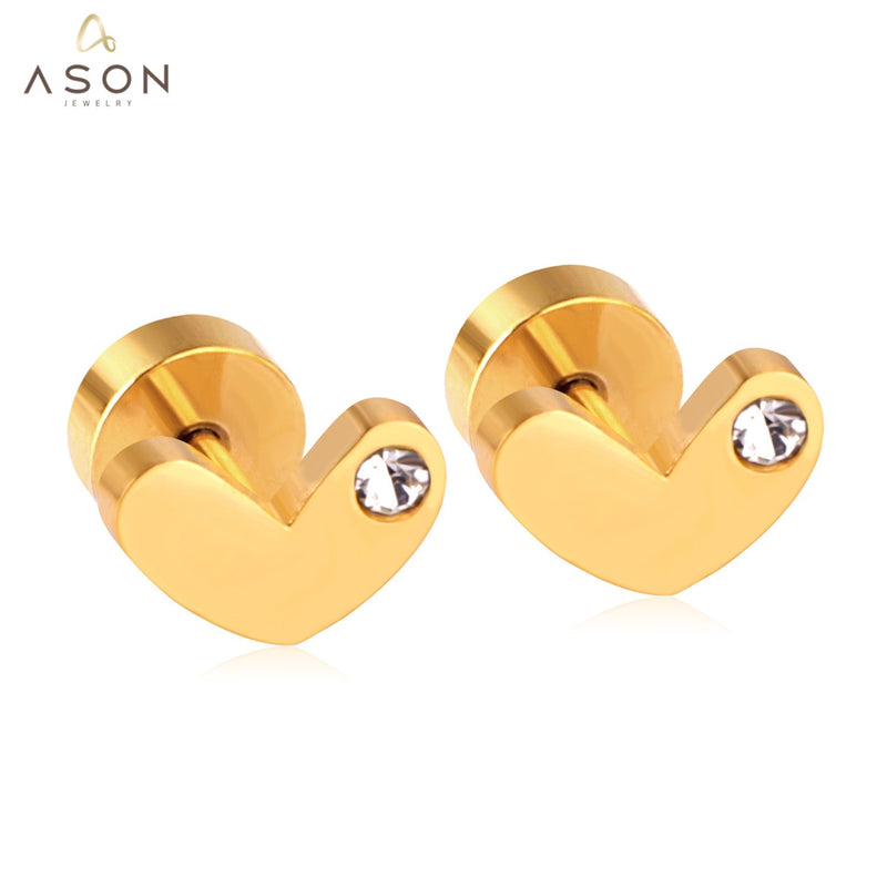 ASON Boucles d'oreilles à tige en forme de cœur en acier inoxydable doré pour femme, bijoux cadeau, zircone cubique, anti-allergique
