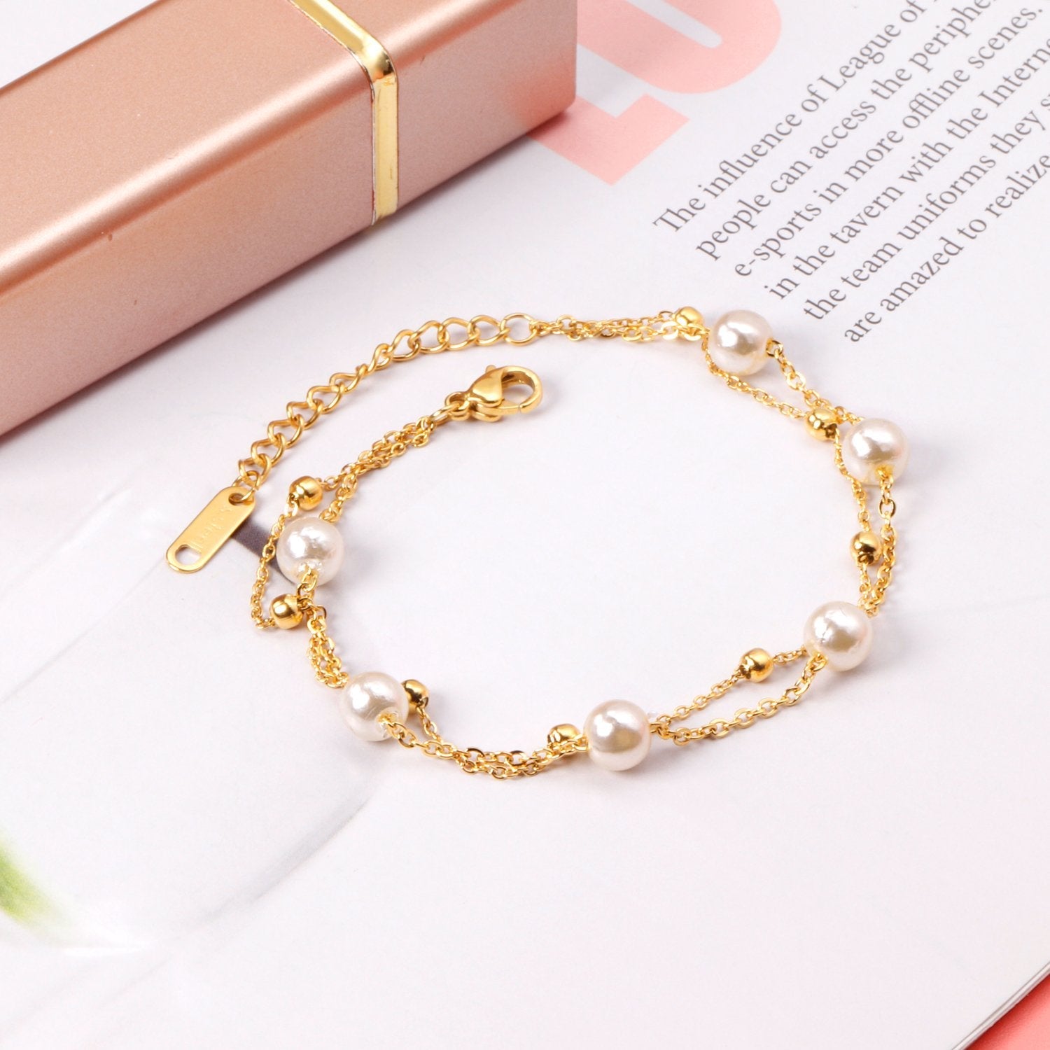 ASON Gold Color Steel Ball Imitation Pearl 316L Stainless Steel Bracelet for Women Bangle with Extender Fashion Jewelry asonjewelry
