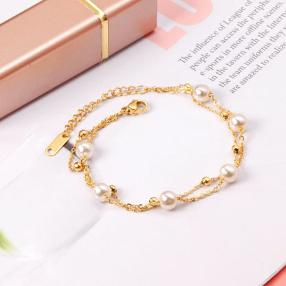 ASON Gold Color Steel Ball Imitation Pearl 316L Stainless Steel Bracelet for Women Bangle with Extender Fashion Jewelry asonjewelry