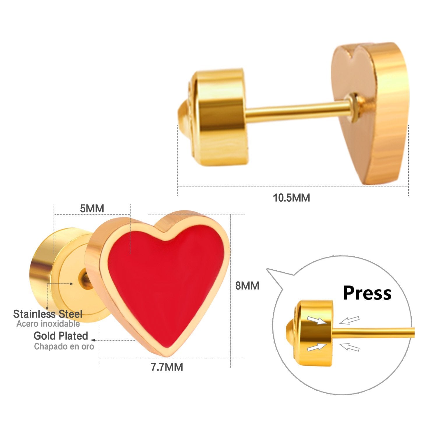 ASON Red/Pink Heart Screw Stud Earring Gold Color Stainless Steel for Women/Girl/Child Ear Piercing Jewelry Christmas Party asonjewelry