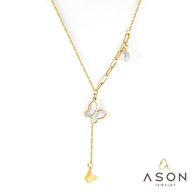 ASON-collar con colgante de mariposa y concha para mujer, cadena de acero inoxidable con perlas de imitación, accesorios de joyería