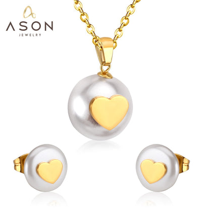 ASON Imitation Pearl Bridal Wedding Jewelry Set for Women Stainless Steel Pendant Necklace Small Stud Earring Gold Color asonjewelry