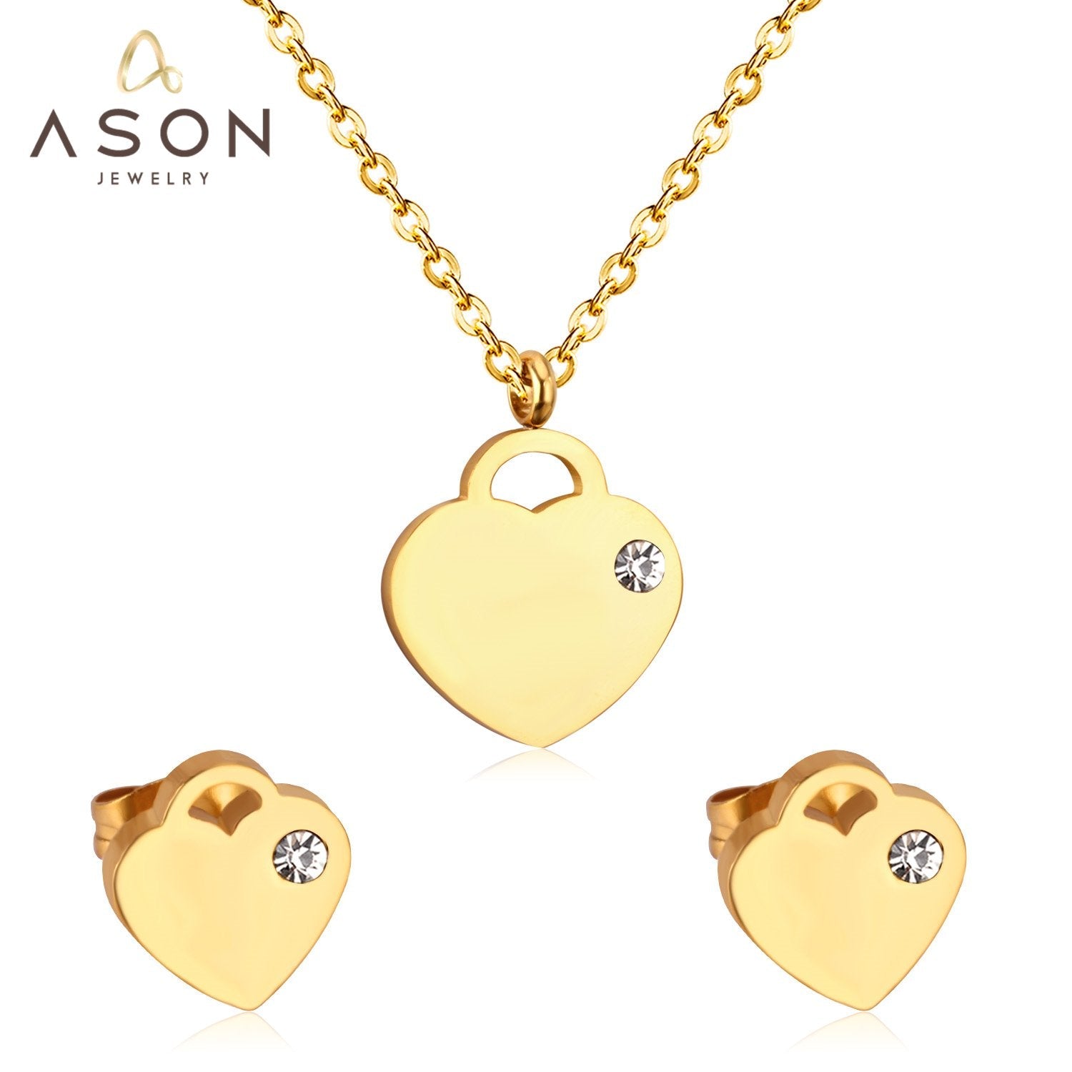 ASON Luxury Heart Pendants Necklaces Earrings Jewelry Set Gold Color Fashion Stainless Steel for Women Cubic Zirconia Cute asonjewelry