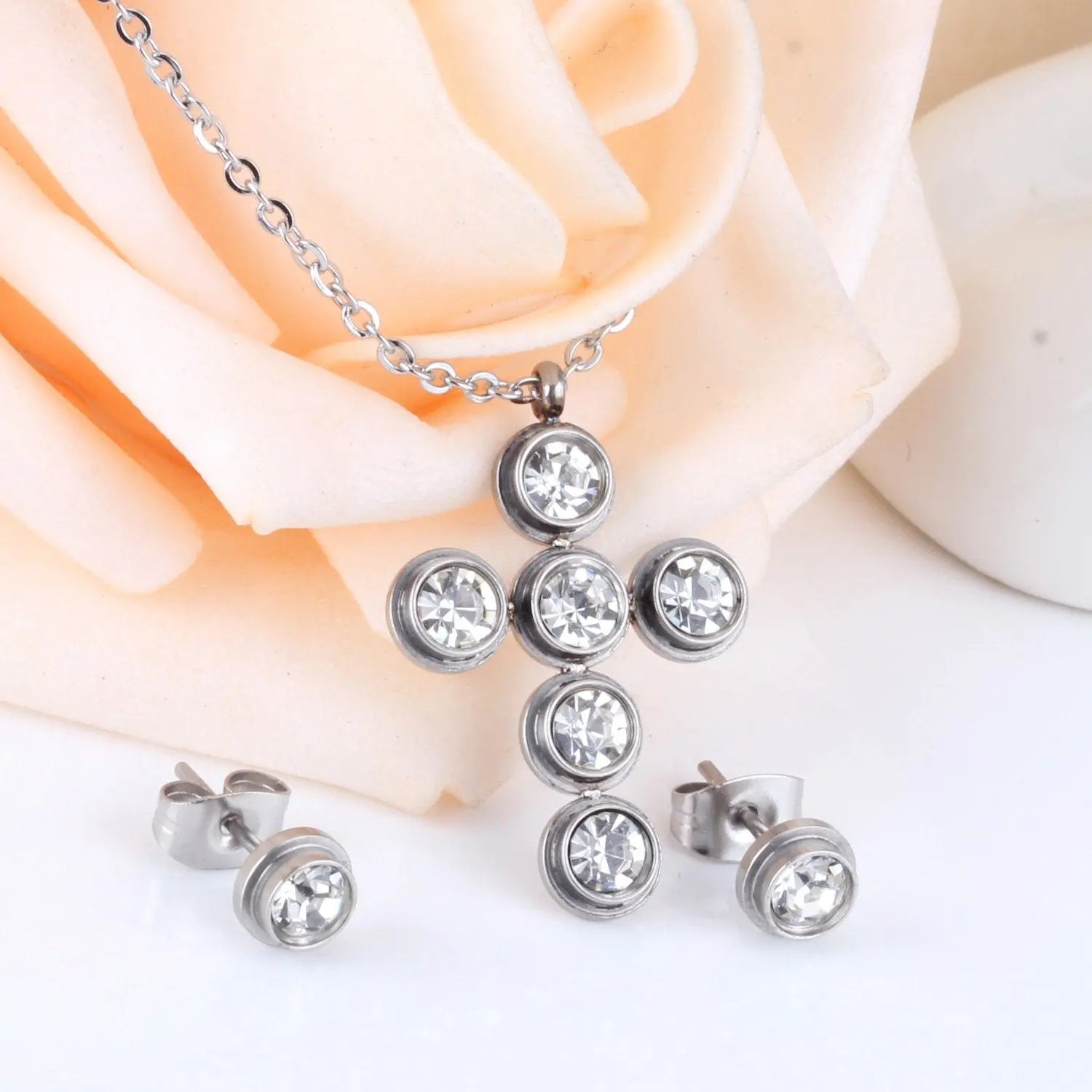 Jewelry Set Women Cross AAA Crystal Pendant Chain Necklace Stainless Steel Dubai African Jewelry Sets Christmas asonjewelry