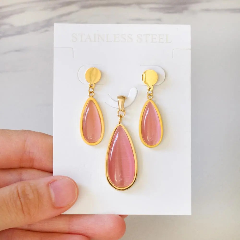 Luxury Weding Dubai Bridal Jewelry Sets Of Necklace And Earing Water Drop Stone Trendy Stainlee Steel Set For Women asonjewelry