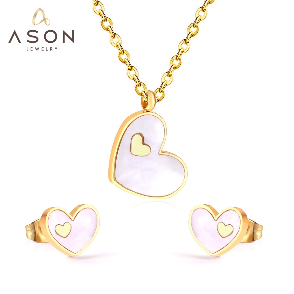 ASON Heart White/Black Shell Pendant Necklace Stud Earring Jewelry Sets Stainless Steel Gold Color Party Accessories Gift asonjewelry