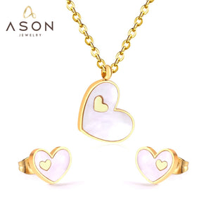 ASON Heart White/Black Shell Pendant Necklace Stud Earring Jewelry Sets Stainless Steel Gold Color Party Accessories Gift
