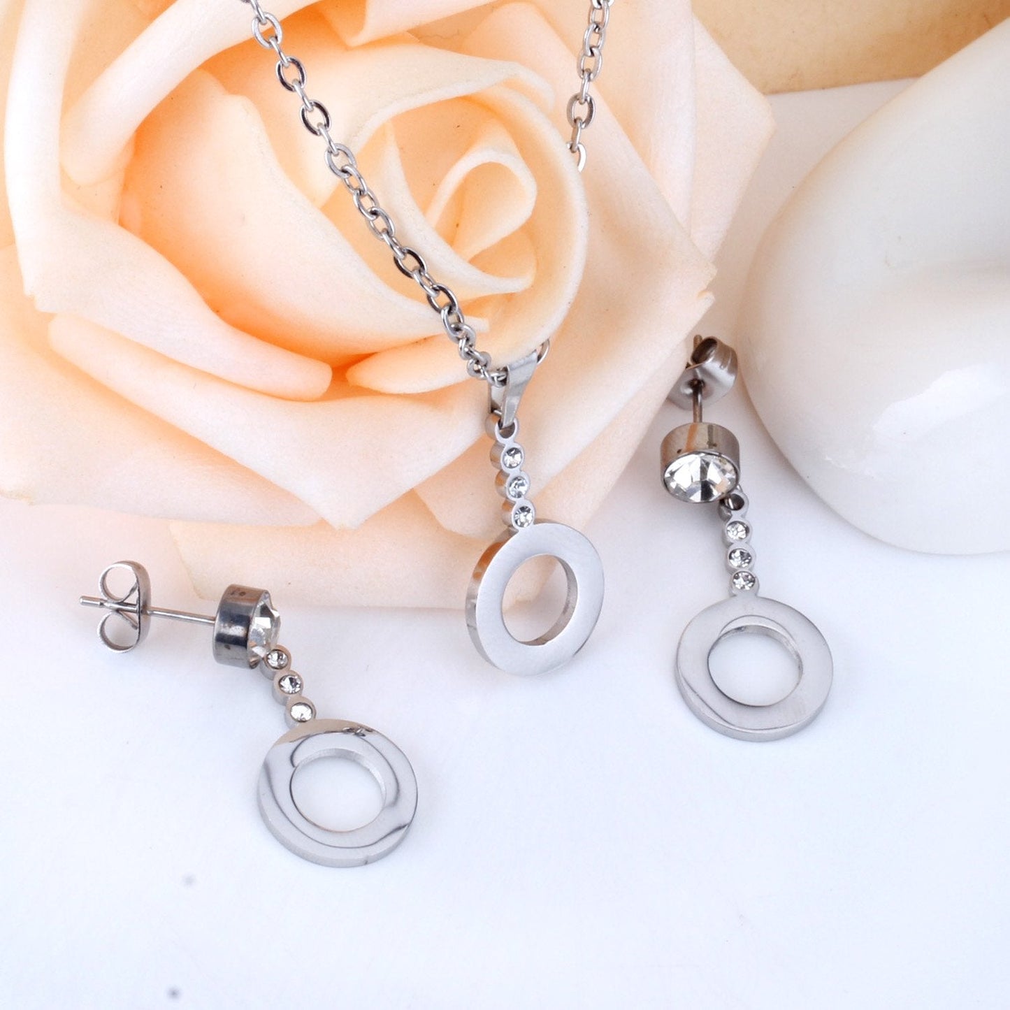 ASON Classic Drop Earrings For Women/Girl Stainless Steel Hollow Out Round Pendant Necklace Earrings Sets Party Daily Wear asonjewelry