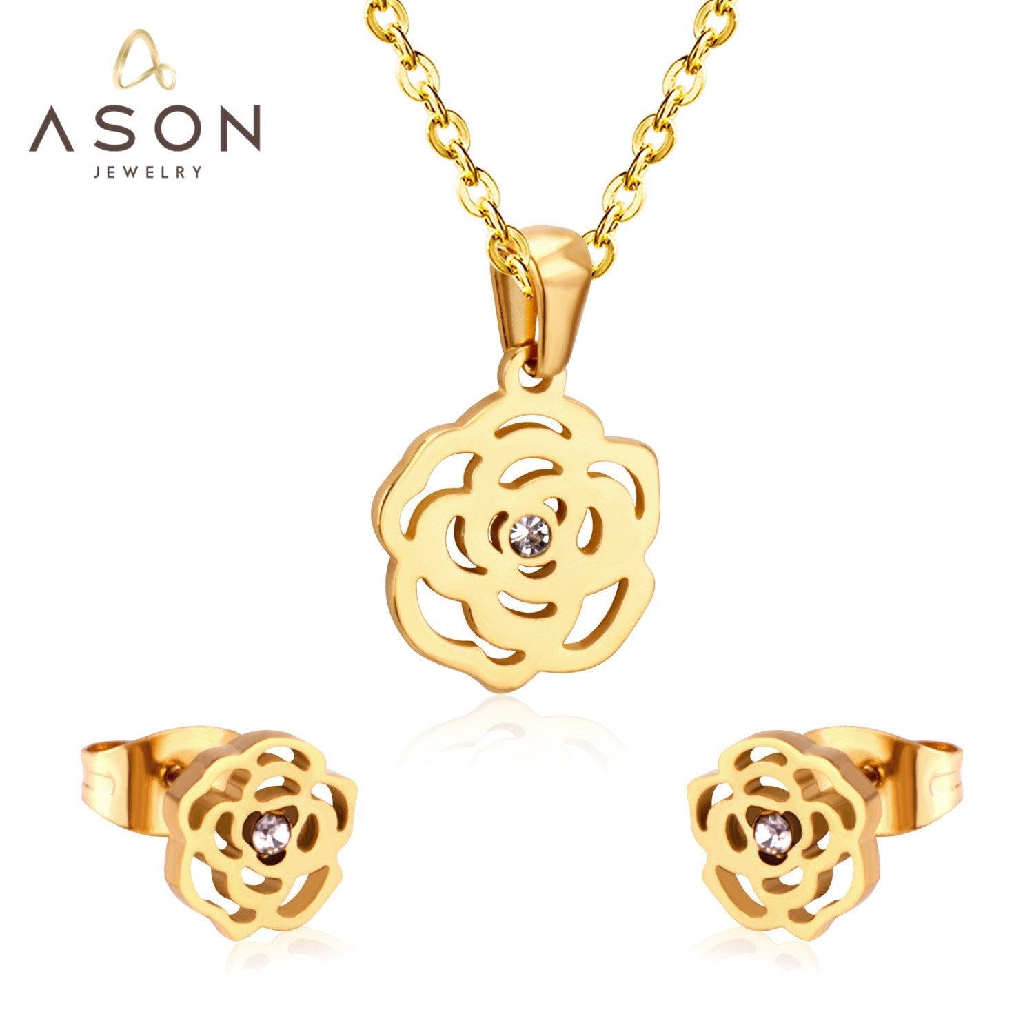 ASON Romantic Flower Shape Pendants Chain Necklace Piercing Stud Earrings Jewelry Sets Stainless Steel Gold Color For Women asonjewelry