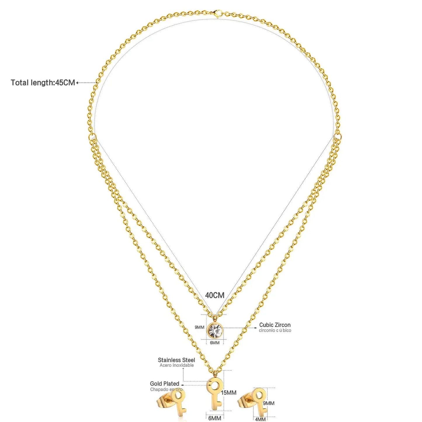 Key Pendant Stainless Steel Necklace Earring Crystal Wedding Bridal Gold Jewelry Set For Women Girls Jewellery Set asonjewelry