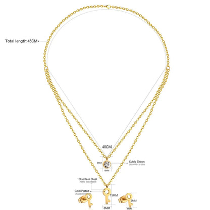 Key Pendant Stainless Steel Necklace Earring Crystal Wedding Bridal Gold Jewelry Set For Women Girls Jewellery Set asonjewelry
