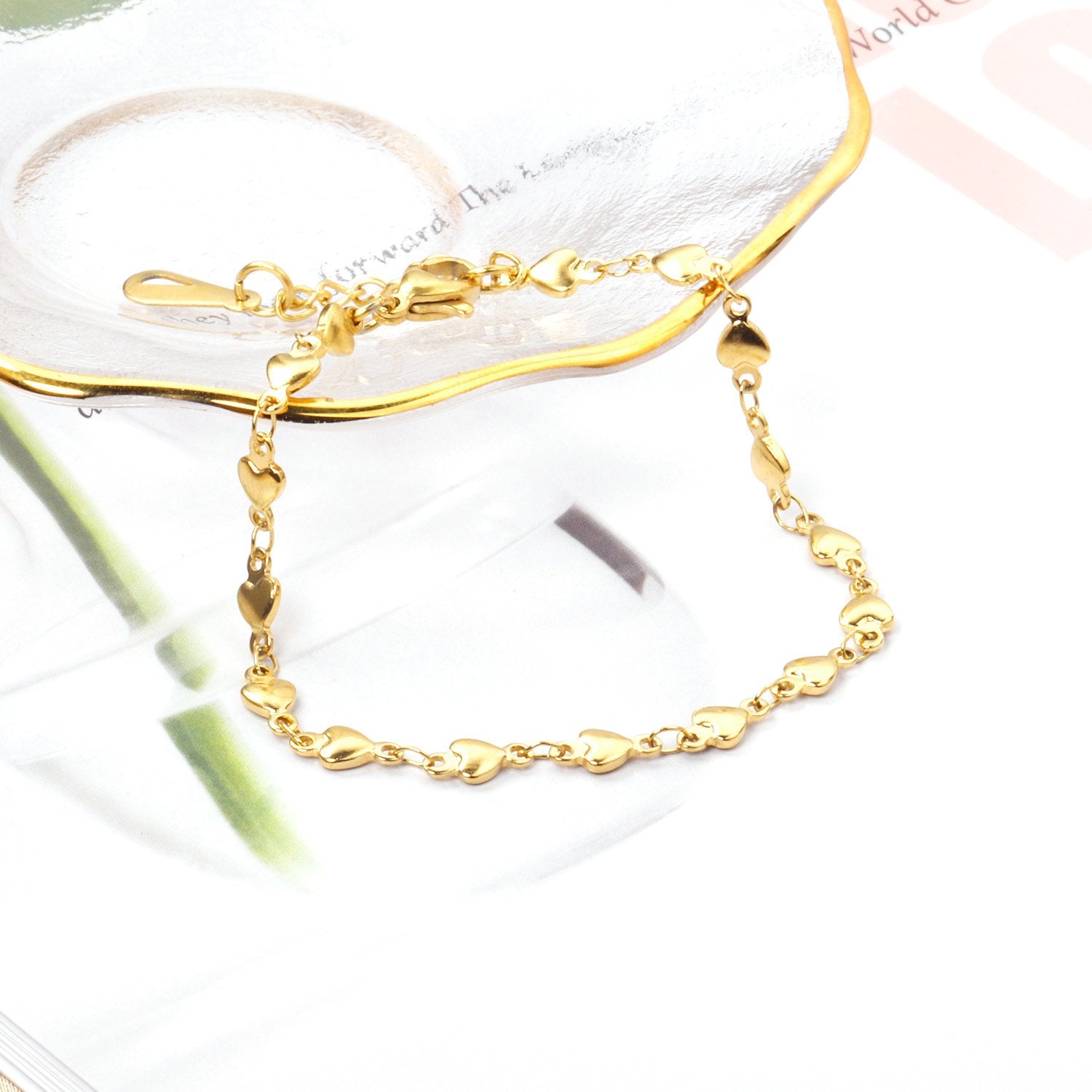 ASON Heart Charm Chain Bracelets Gold Color Stainless Steel for Women Lovely Jewelry with Extender Adjustable Bangle asonjewelry