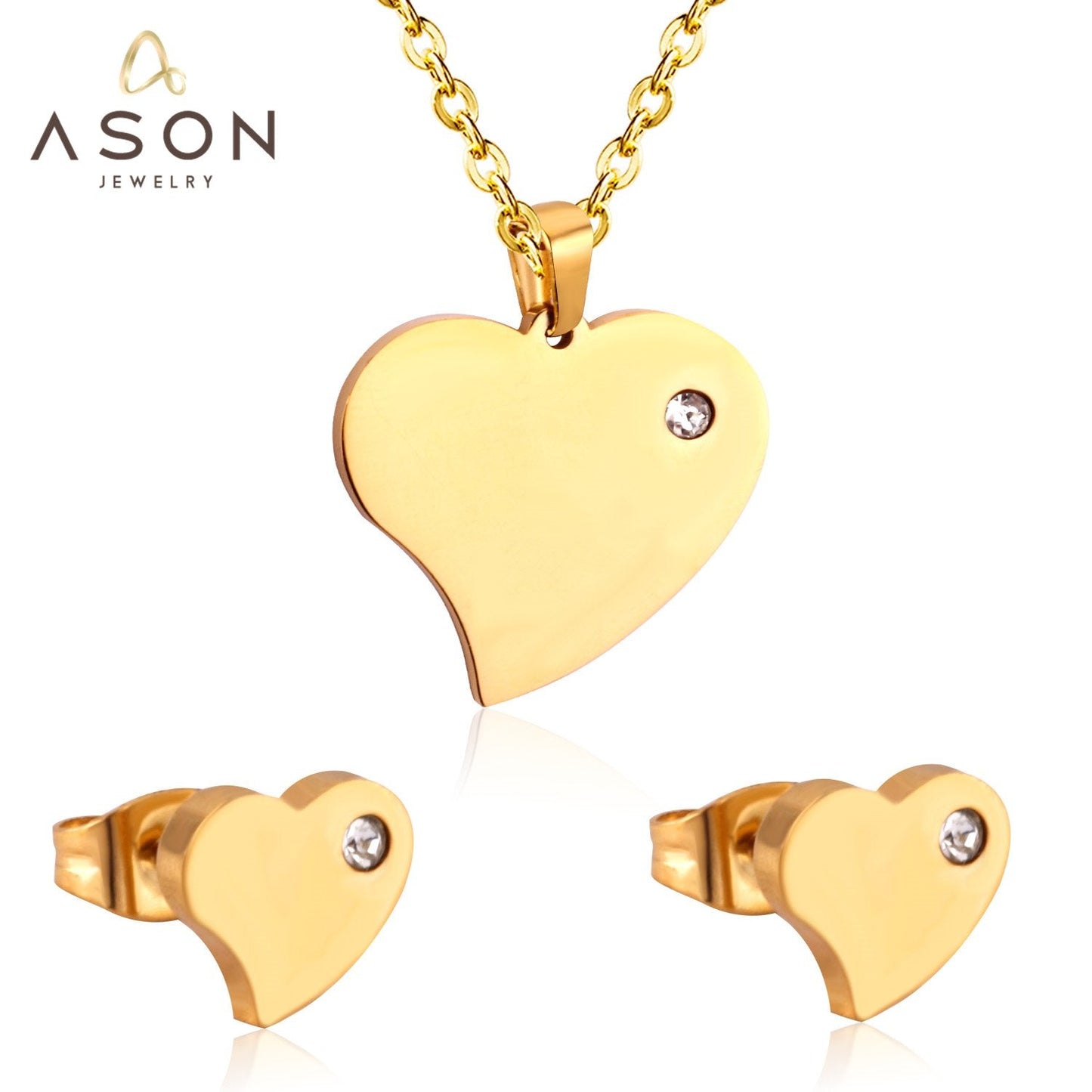 ASON Heart Shape Pendant Necklace Small Piercing Stud Earrings Jewelry Sets Gold Color Stainless Steel for Women Jewelry asonjewelry