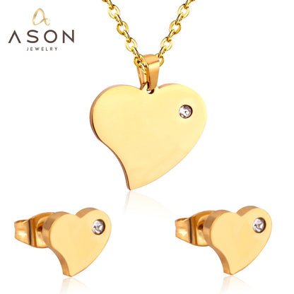 ASON Heart Shape Pendant Necklace Small Piercing Stud Earrings Jewelry Sets Gold Color Stainless Steel for Women Jewelry asonjewelry