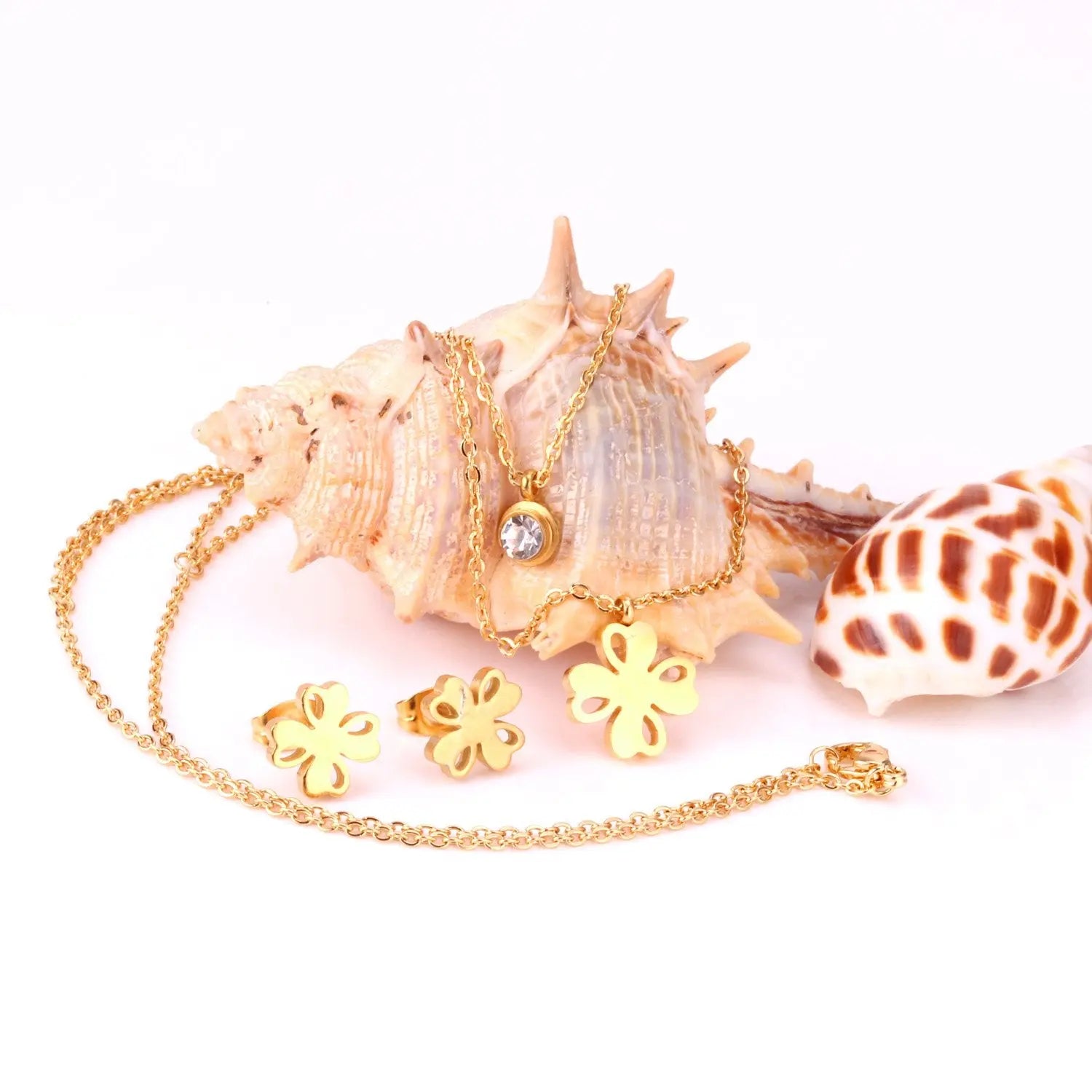 Flower Pendant Chain Crystal Gold Stainless Steel Double Necklace Stud Earrings Sets For Women  African Jewelry Set asonjewelry