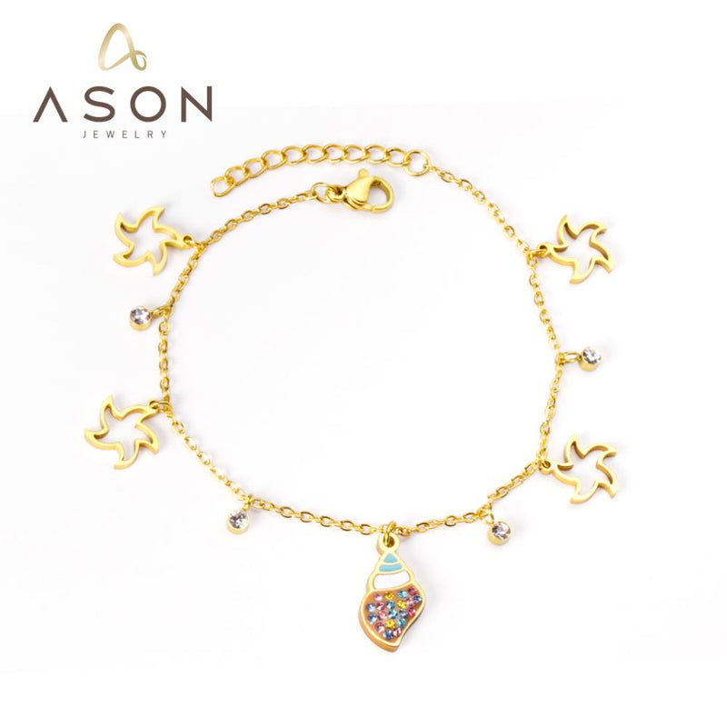 ASON Trendy Conch and Star Charm Bracelet Stainless Steel Bangle 17+3cm Fashion Jewelry for Women Party Gift Accessories