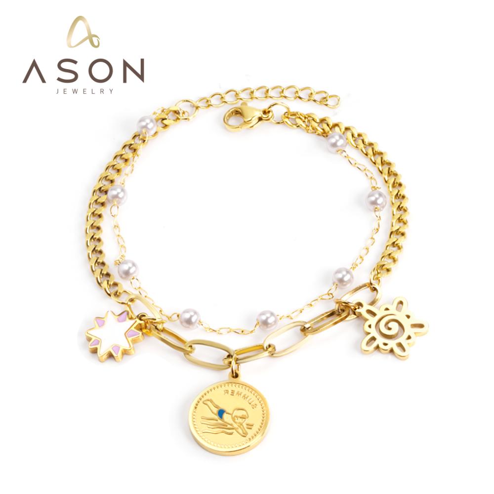 ASON Gold Color Imitation Pearl Multi-layer Bracelet Stainless Steel Bangle with Star Pendant 18+3cm Women Fashion Jewelry asonjewelry