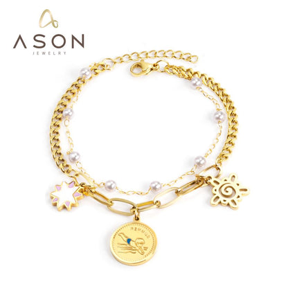 ASON Gold Color Imitation Pearl Multi-layer Bracelet Stainless Steel Bangle with Star Pendant 18+3cm Women Fashion Jewelry asonjewelry
